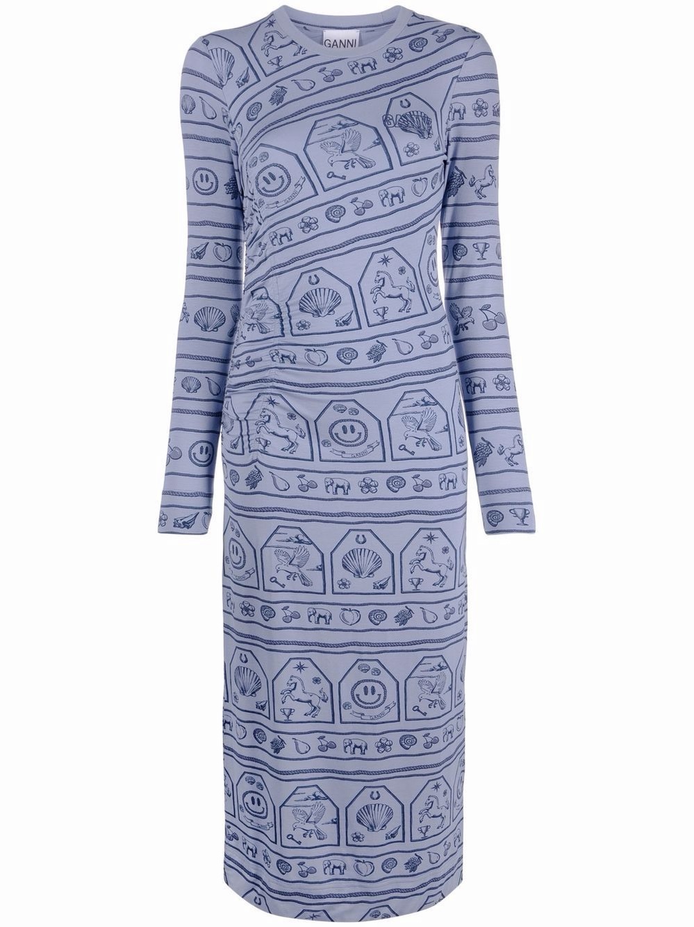 GANNI Zodiac Logo Print Stretch Midi Dress | Celestial Blue | Jersey | Size L